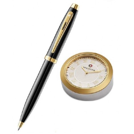 Sheaffer Black Gold-tone BP pen + Gold chrome Table clock