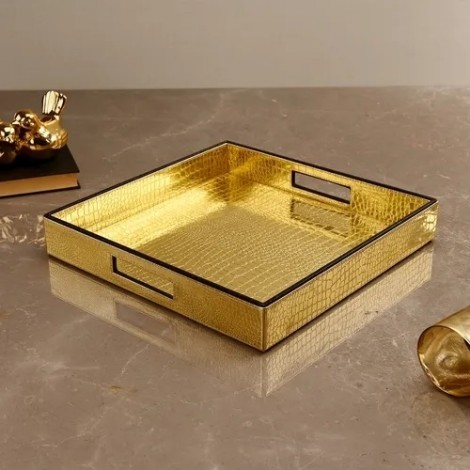 Square golden and brown croco tray