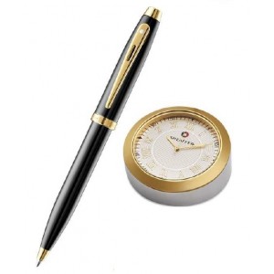 Sheaffer Black Gold-tone BP pen + Gold chrome Table clock