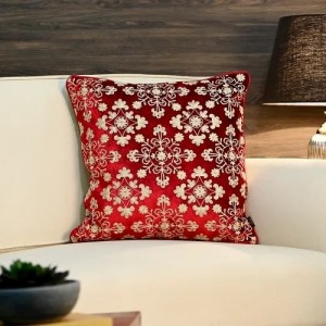 Red and gold floral embroidered cushion cover